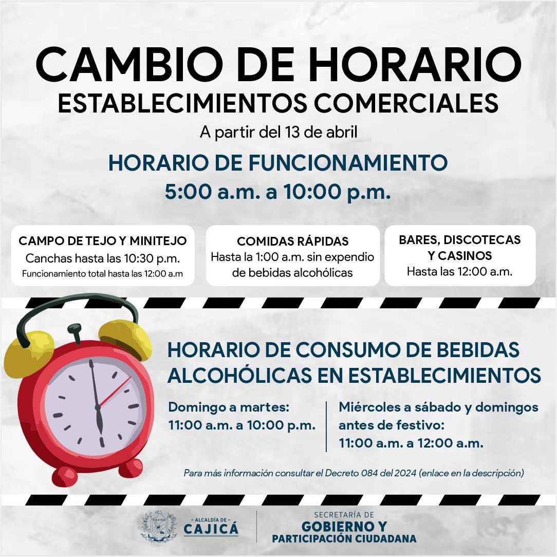 Importante, modificación sobre los horarios de establecimientos comerciales en Cajicá