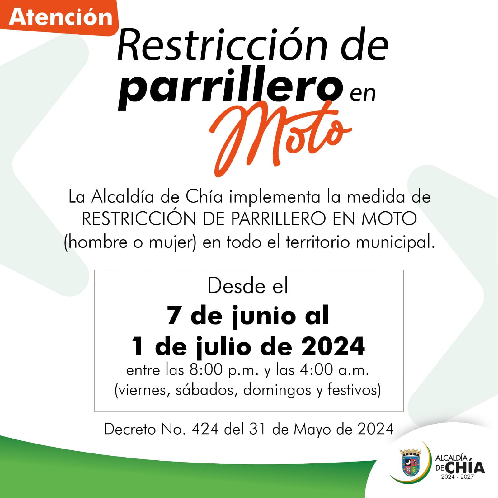 Chía Implementa Restricción de Parrillero en Moto: Medida Vigente del 7 de Junio al 1 de Julio