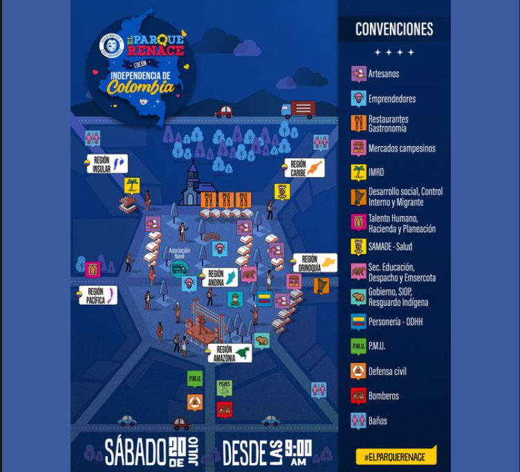 Mapa de Actividades y Servicios para la Celebración del 20 de Julio en el Parque Renace