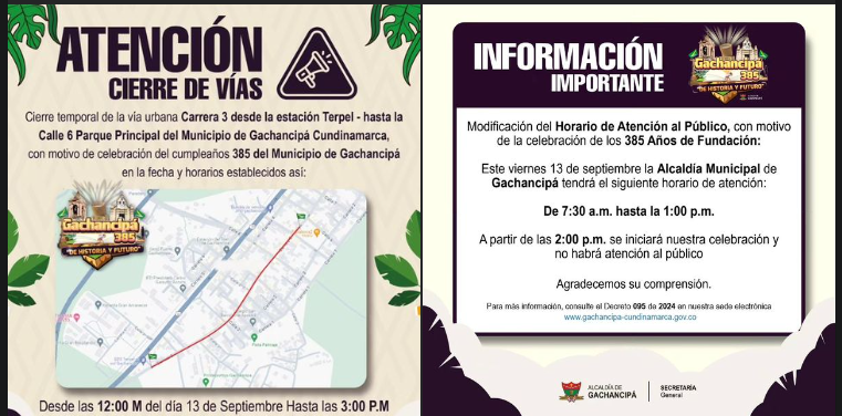 Gachancipá anuncia cambios viales y de horarios por la celebración de sus 385 años