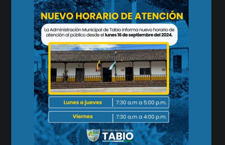 Alcaldía de Tabio anuncia nuevo horario de atención a partir del 16 de septiembre