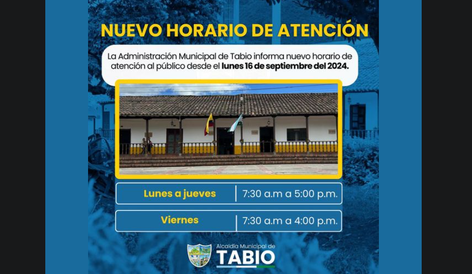 Alcaldía de Tabio anuncia nuevo horario de atención a partir del 16 de septiembre