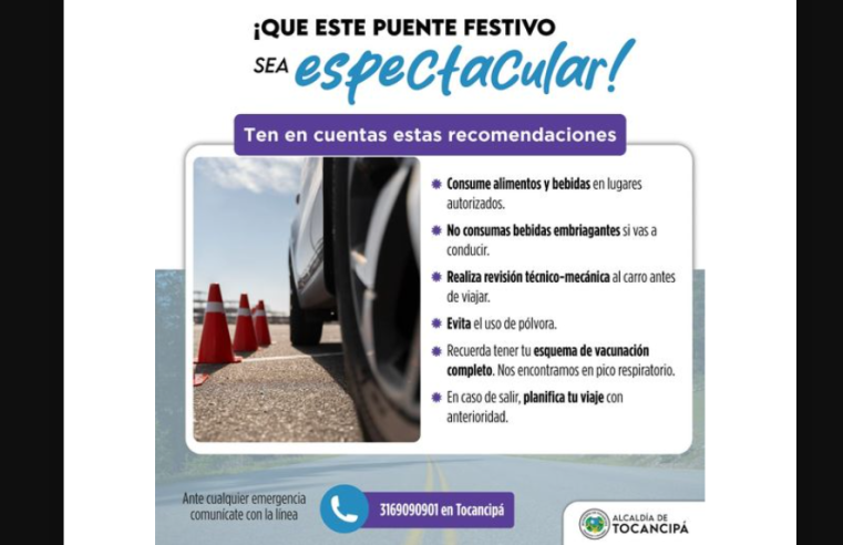 Alcaldía de Tocancipá emite recomendaciones para disfrutar el puente festivo