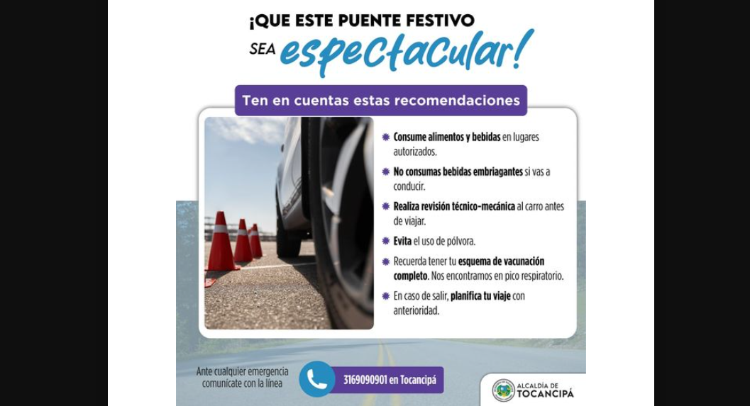 Alcaldía de Tocancipá emite recomendaciones para disfrutar el puente festivo