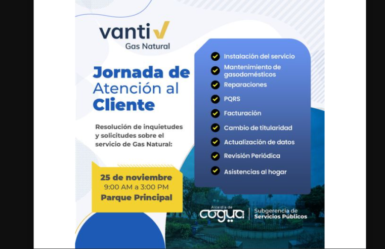 Vanti realizará jornada de atención al cliente en el Parque Principal de Cogua