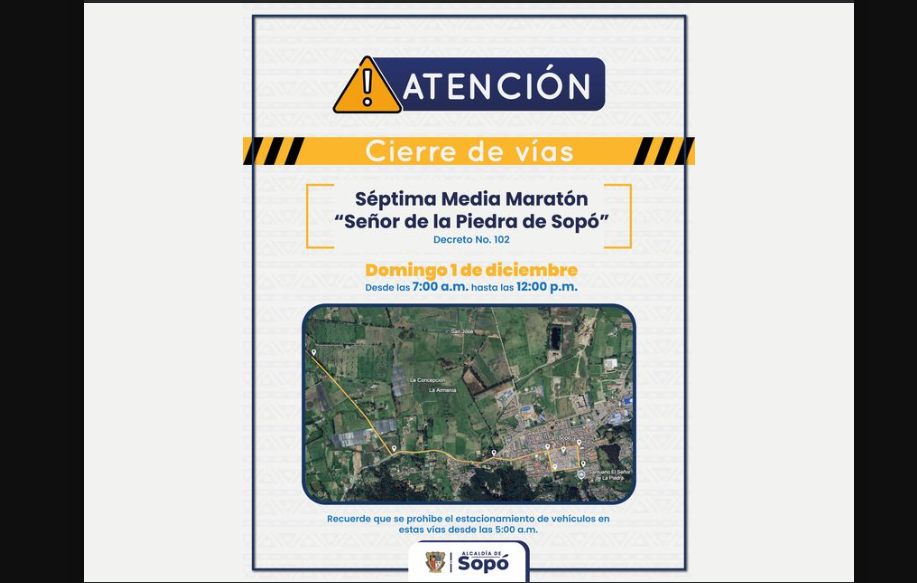 Anuncian cierres viales en Sopó por la VII Maratón “Señor de la Piedra”