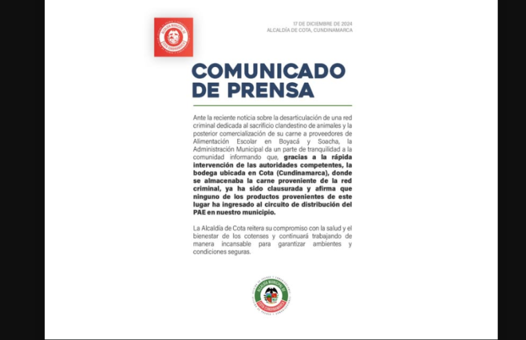 Alcaldía de Cota se pronuncia sobre red criminal vinculada a la comercialización de carne