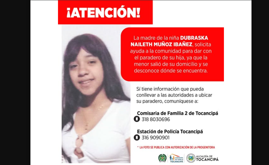 Autoridades buscan a la menor Dubraska Naileth Muñoz Ibañez en Tocancipá