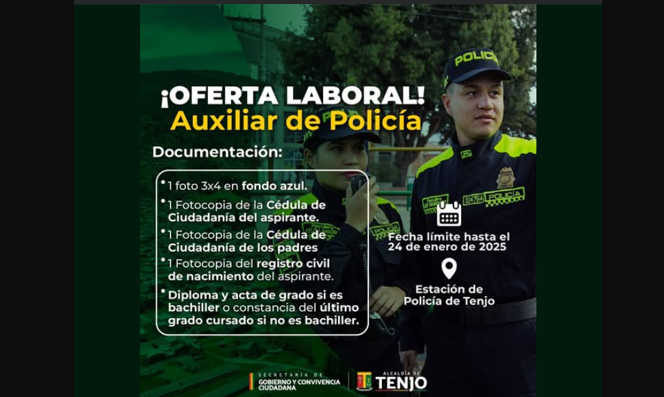 Convocatoria abierta para |Auxiliares de Policía| en |Tenjo|