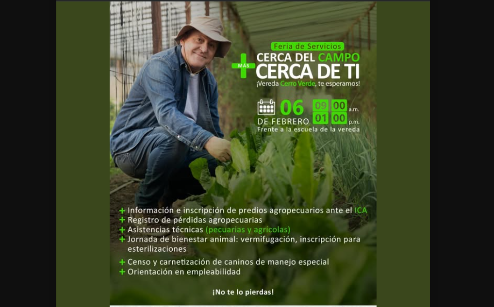 |Feria de servicios| llegará a la vereda Cerro Verde para fortalecer el |sector agropecuario|