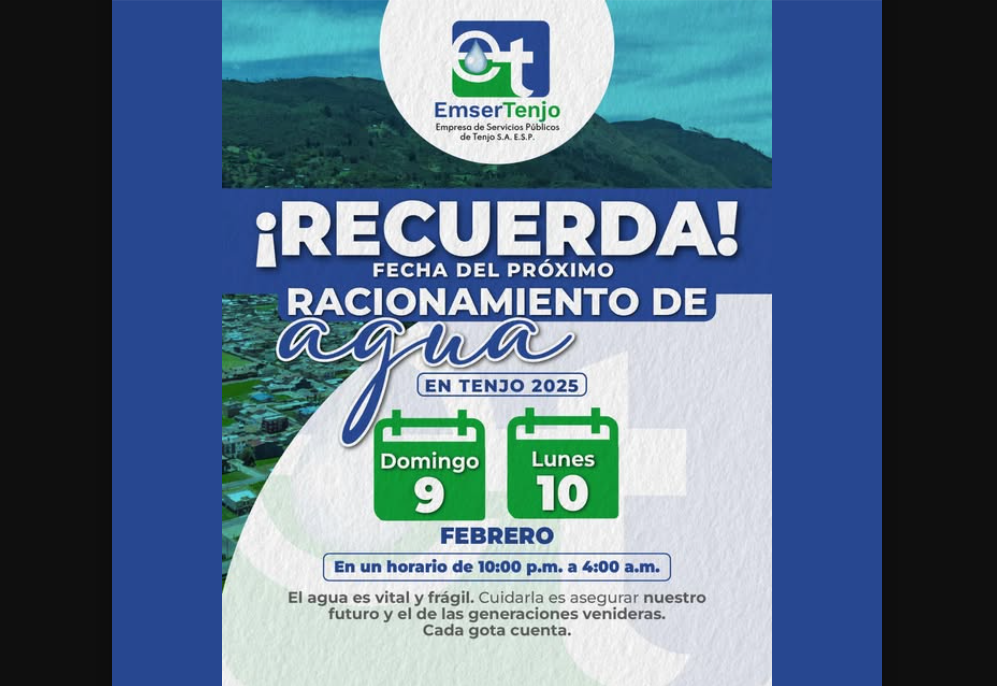 |Emsertenjo| anuncia continuidad del |racionamiento de agua| en |Tenjo|