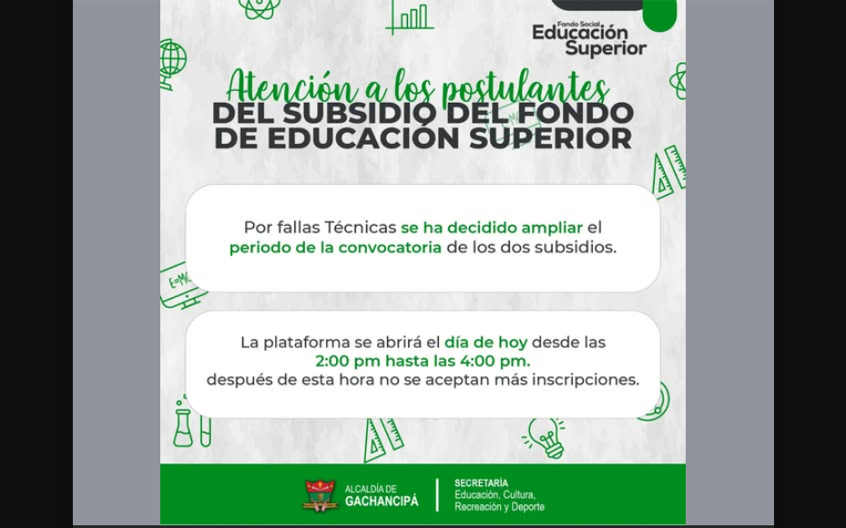 Amplían plazo de inscripción para el |subsidio| del |Fondo de Educación Superior|