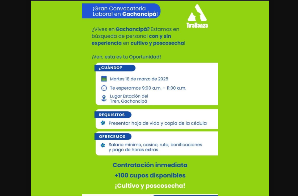 |Convocatoria laboral| en |Gachancipá|: más de 100 vacantes disponibles