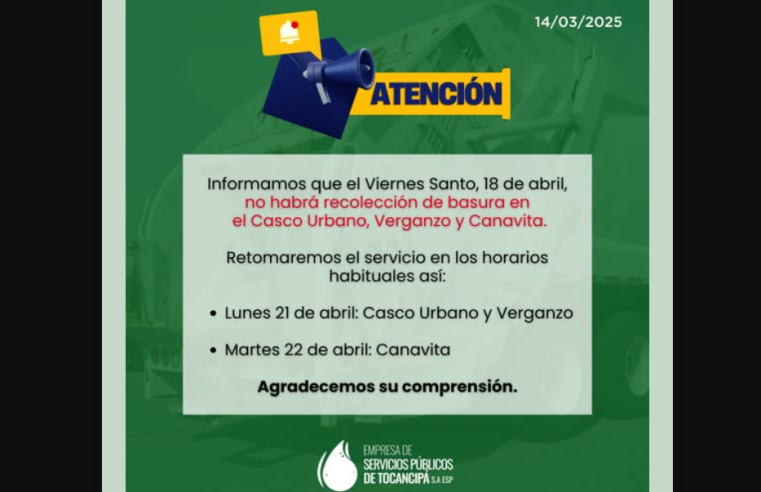 |Suspensión| del servicio de recolección de basura este |Viernes Santo| en tres sectores del municipio