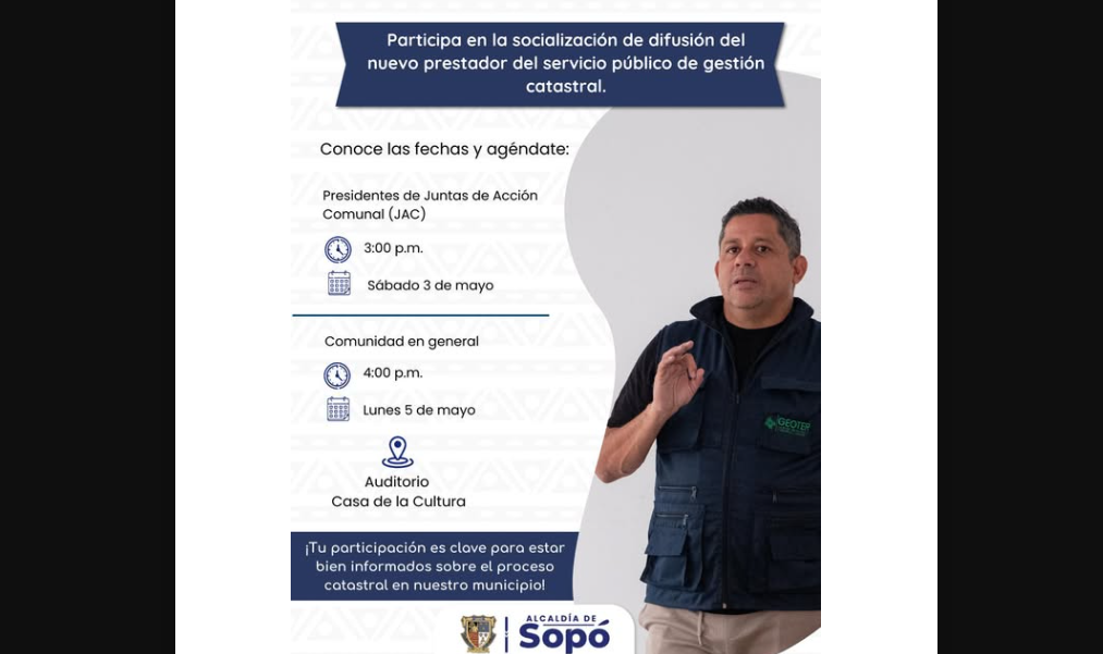 |Sopó| invita a la comunidad a conocer el nuevo prestador del servicio de |Gestión Catastral|