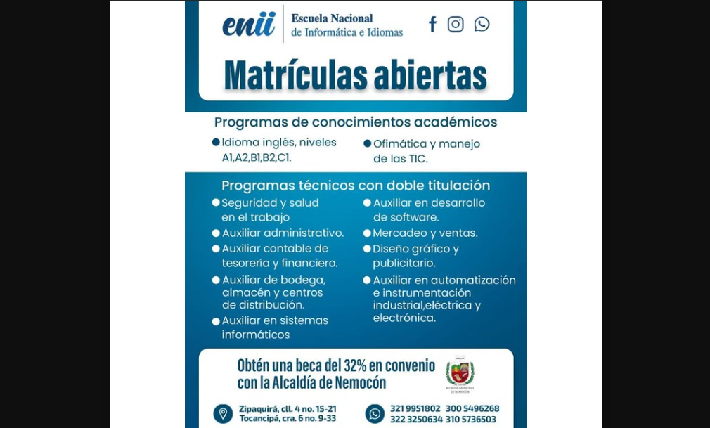 |Nemocón| impulsa la educación con |becas| del 32% en programas técnicos y académicos
