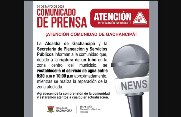 |Gachancipá| trabaja para restablecer servicio de agua tras ruptura de tubo en el centro del municipio