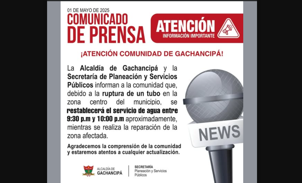 |Gachancipá| trabaja para restablecer servicio de agua tras ruptura de tubo en el centro del municipio