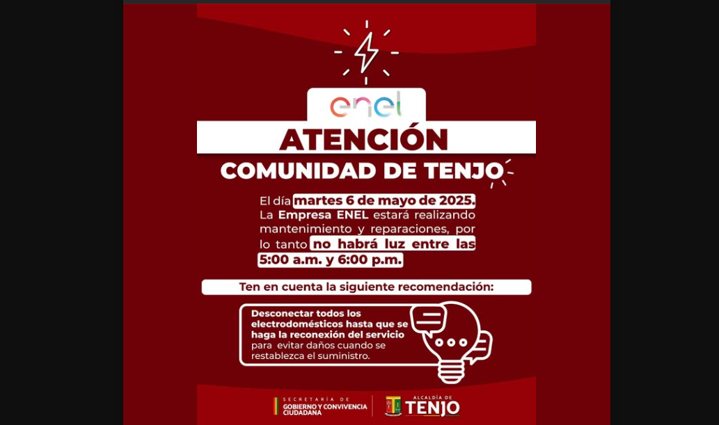 |Enel Colombia| realizará mantenimiento eléctrico este 6 de mayo en el municipio de |Tenjo|