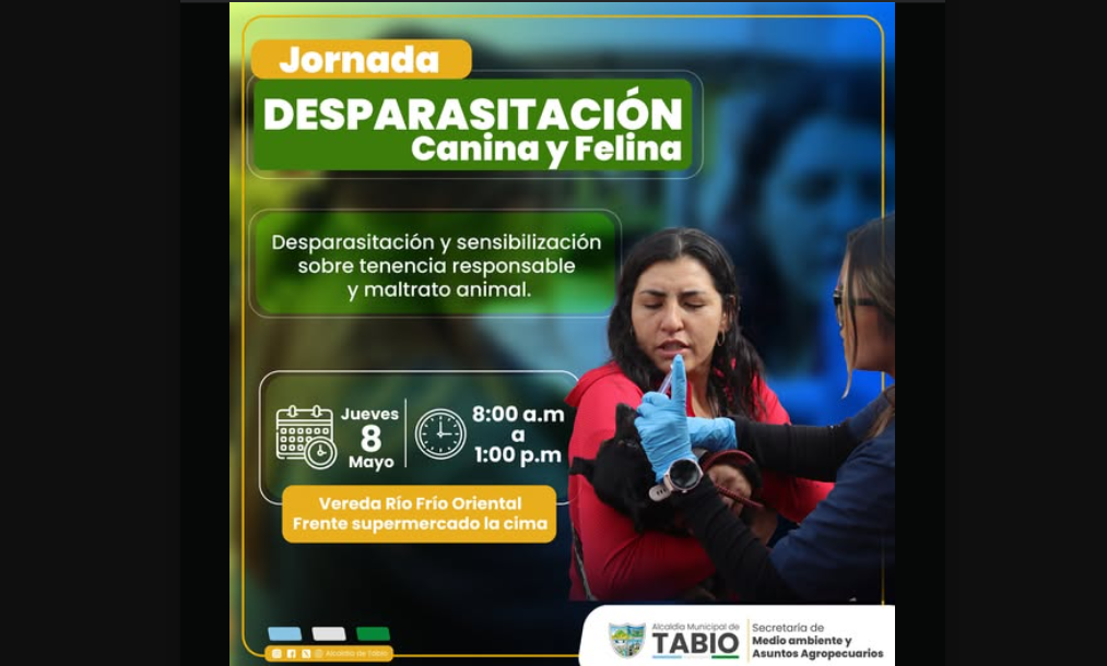 Alcaldía de |Tabio| invita a |jornada gratuita| de desparasitación para |perros| y |gatos|