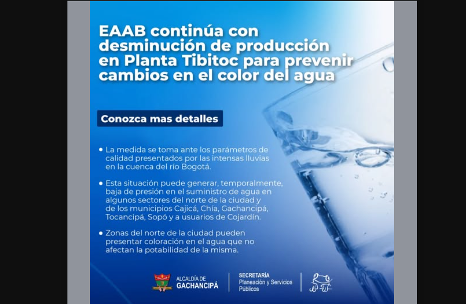Reducción de presión de agua en |Gachancipá| responde a medidas técnicas de la EAAB