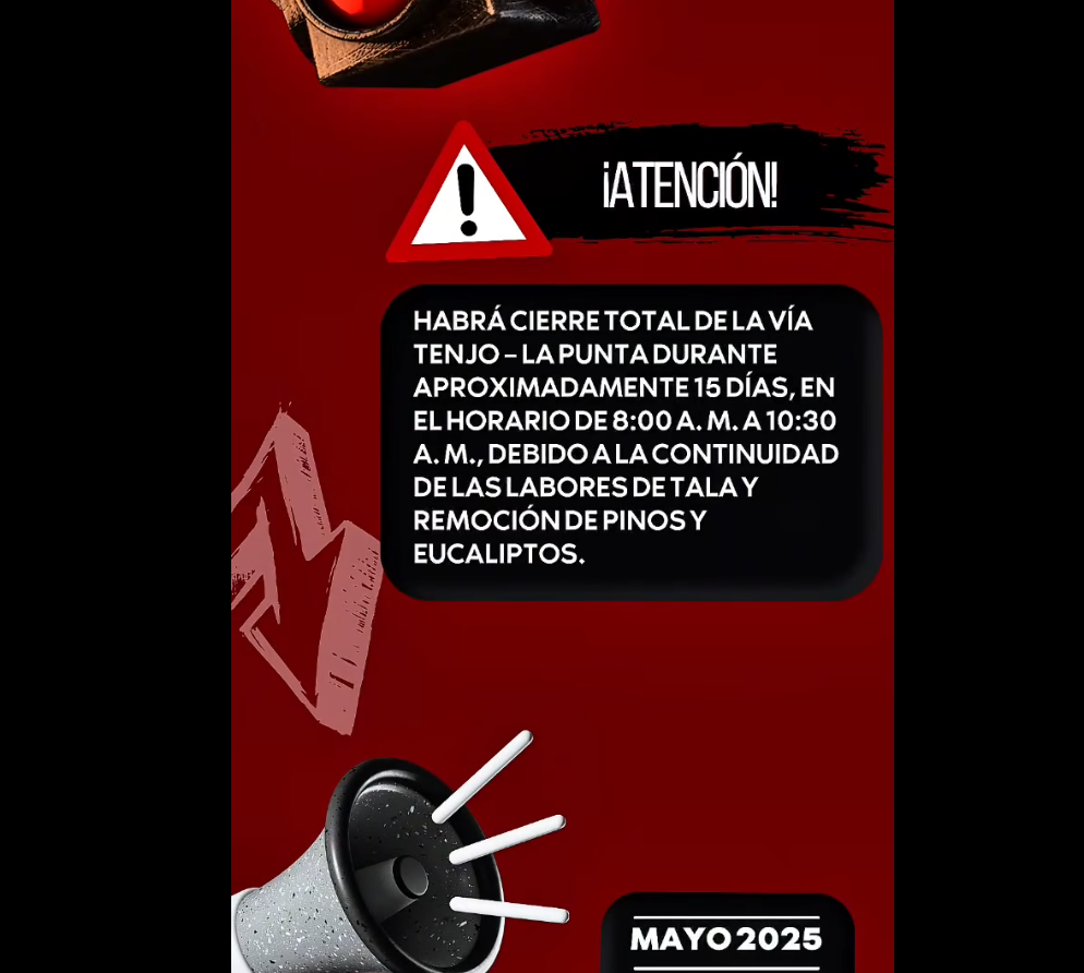 |Cierre temporal| en la vía |Tenjo| – |La Punta| por trabajos de remoción de árboles