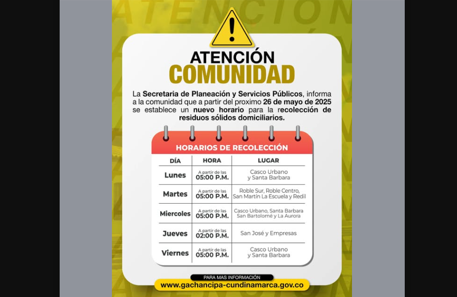 Nuevos horarios de |recolección de residuos| en |Gachancipá| entrarán en vigencia el 26 de mayo