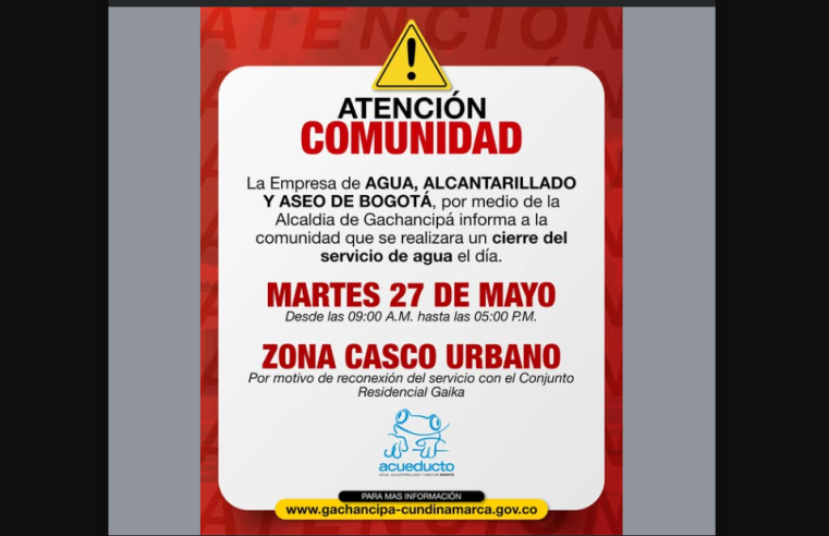 Anuncian corte de agua en |Gachancipá| por labores de reconexión