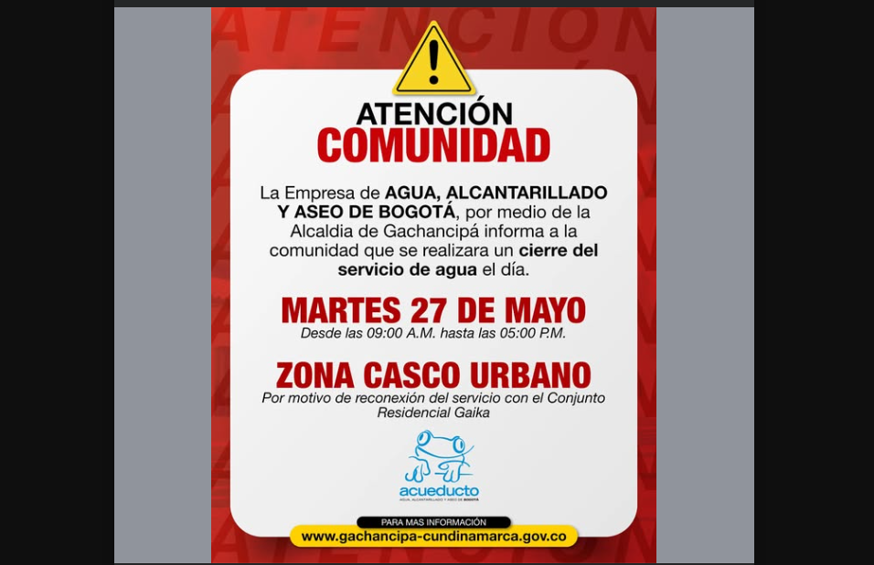 Anuncian corte de agua en |Gachancipá| por labores de reconexión