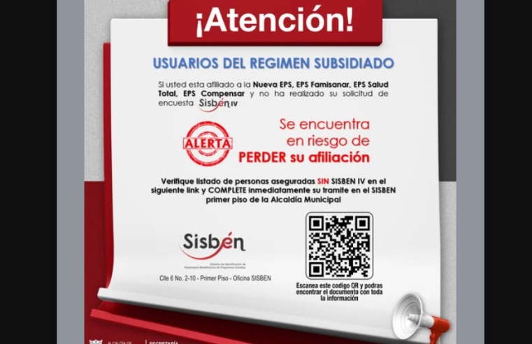 Usuarios del |régimen subsidiado| deben actualizar su información en |SISBÉN IV| para no perder su afiliación