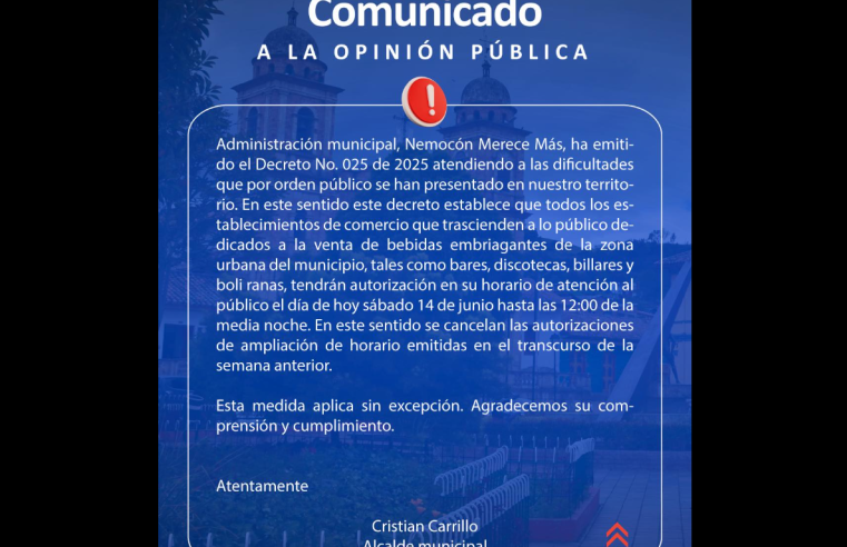 |Nemocón| expide el Decreto No. 025 de 2025 ante situaciones de orden público