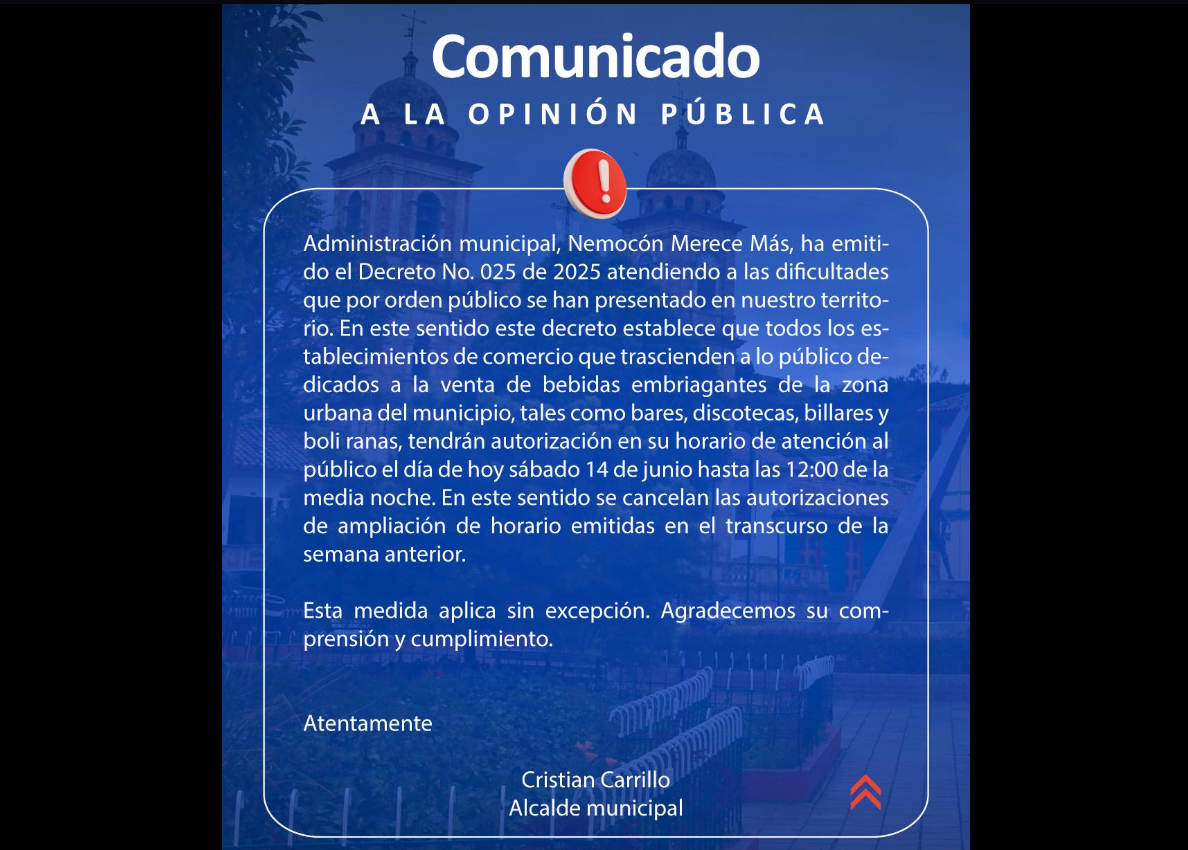|Nemocón| expide el Decreto No. 025 de 2025 ante situaciones de orden público