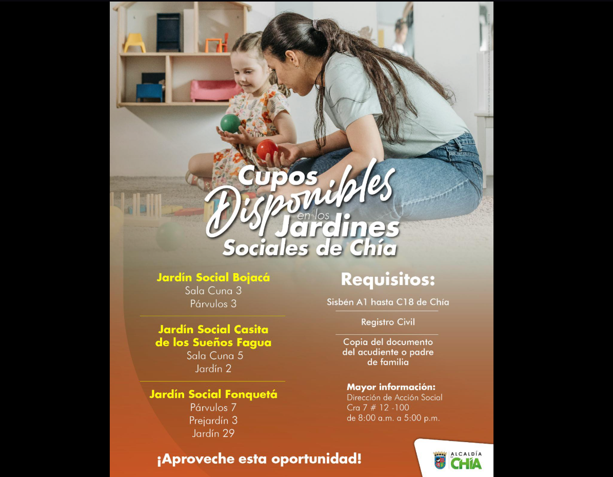 |Chía| anuncia disponibilidad de cupos en |jardines sociales| del municipio
