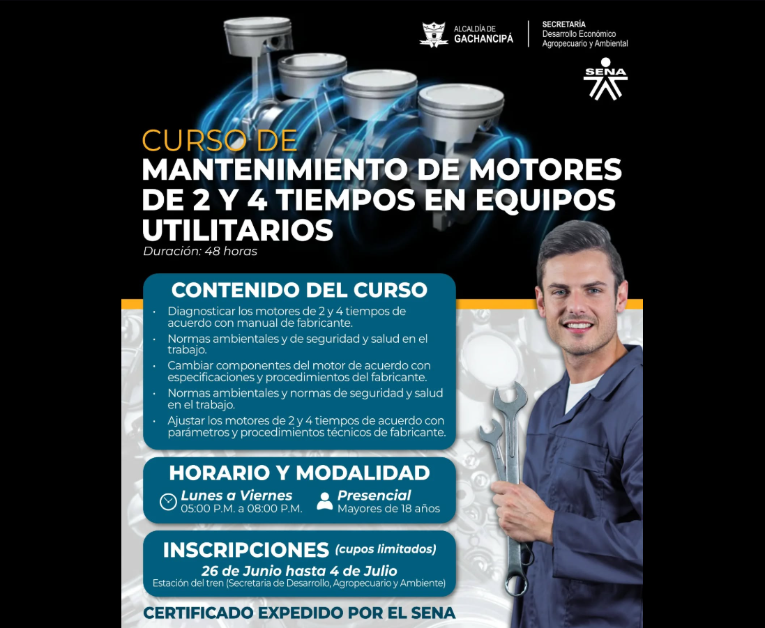 Abren |inscripciones| para curso de mantenimiento de motores en |Gachancipá|, en alianza con el |SENA|