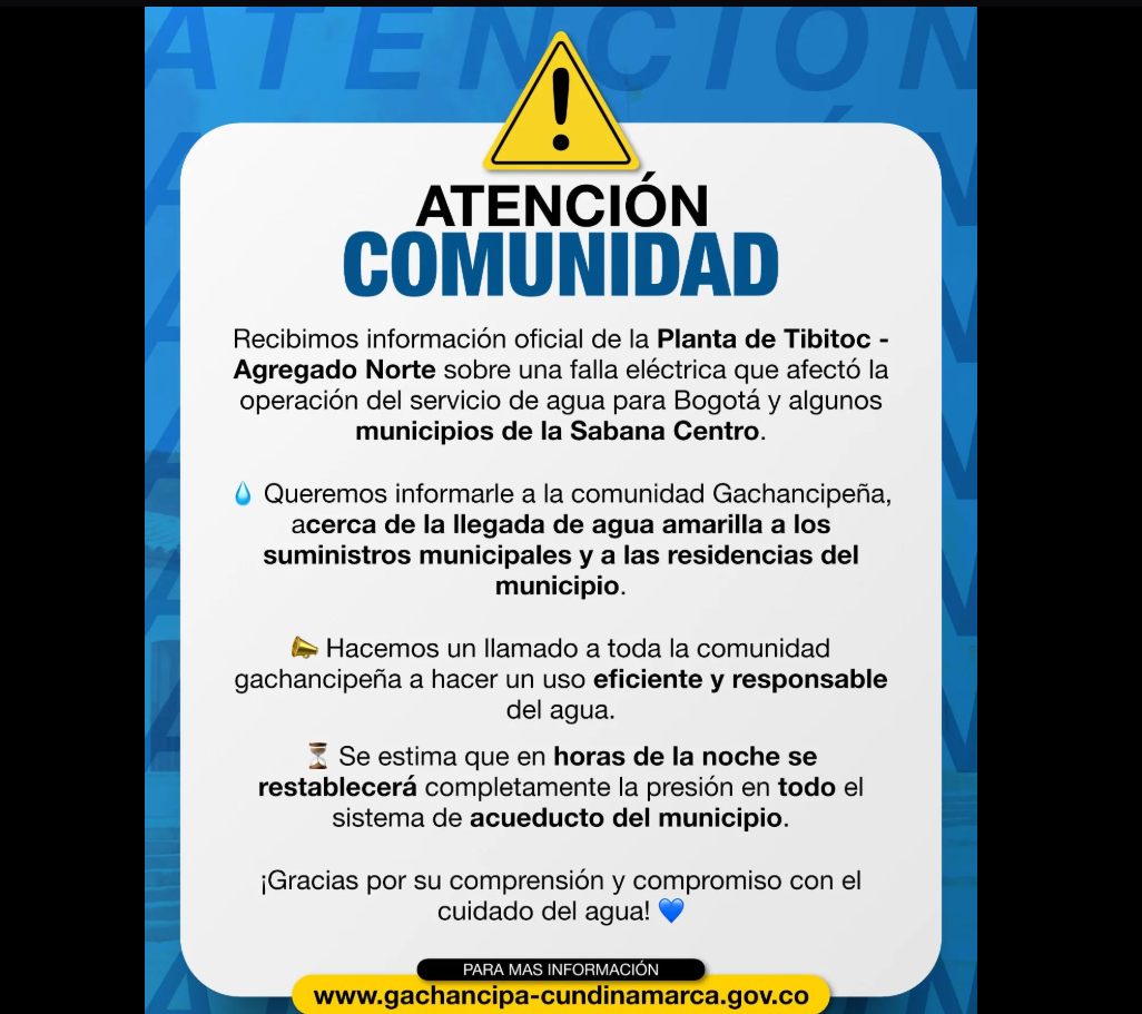 Anuncian alteración temporal en el servicio de |agua| potable en |Gachancipá|