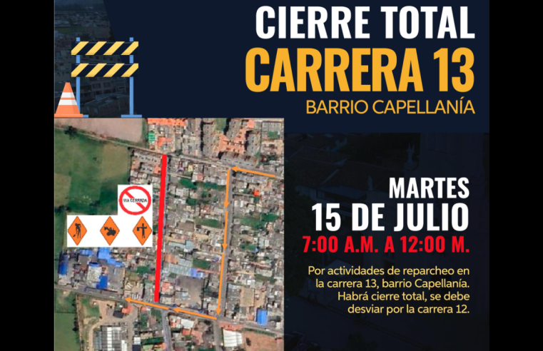 Anuncian |mantenimiento vial| en la carrera 13 del barrio |Capellanía| en |Cajicá|