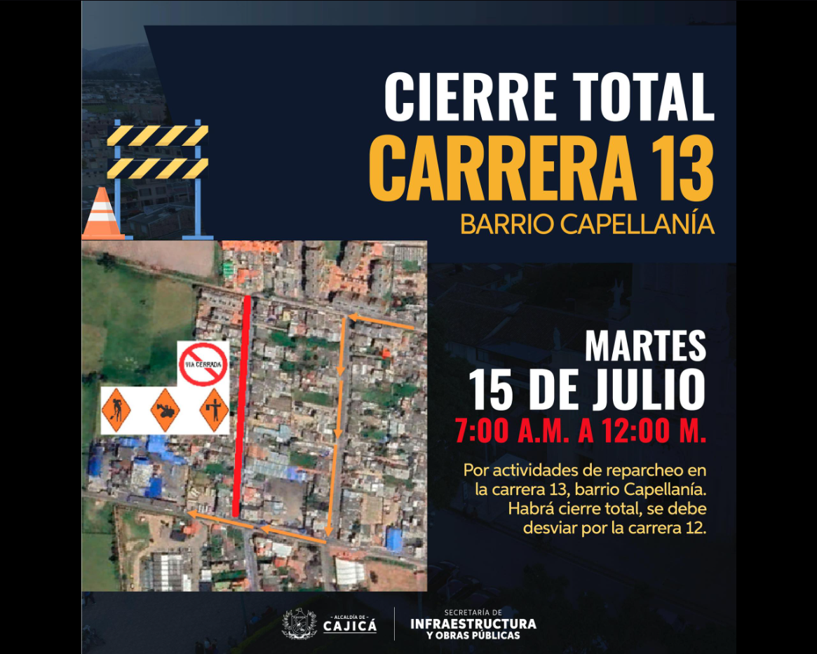 Anuncian |mantenimiento vial| en la carrera 13 del barrio |Capellanía| en |Cajicá|