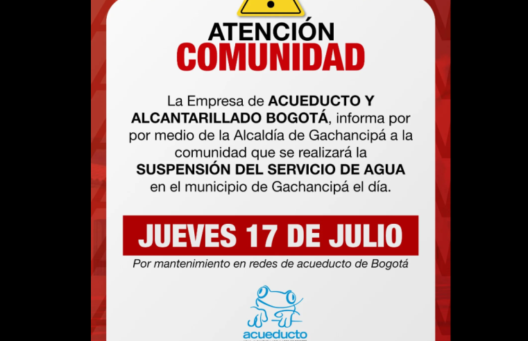 Anuncian |suspensión temporal| del |servicio de agua| en |Gachancipá| por mantenimiento