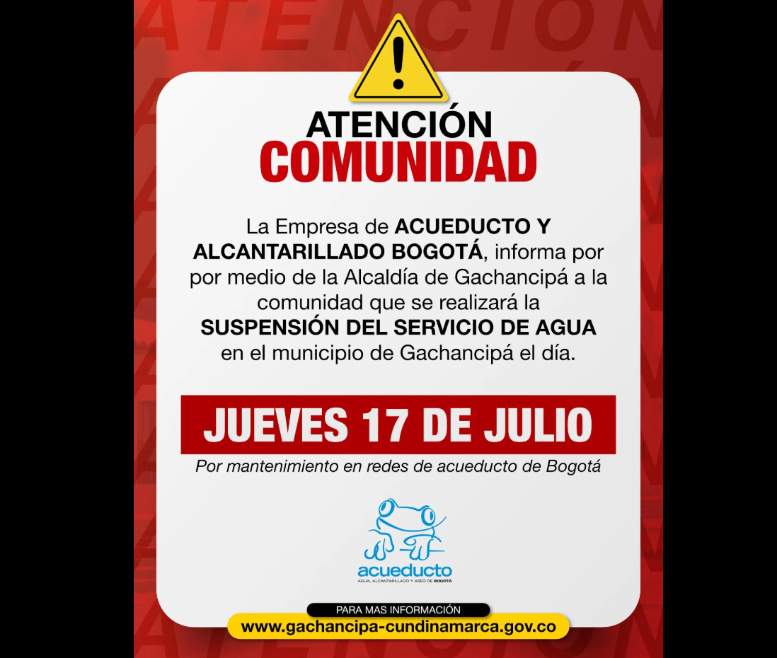 Anuncian |suspensión temporal| del |servicio de agua| en |Gachancipá| por mantenimiento