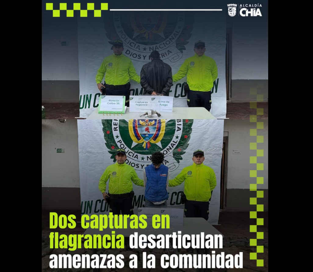 Autoridades de |Chía| capturan en flagrancia a dos personas por |porte de estupefacientes| y |arma de fuego|