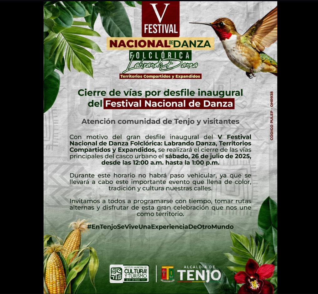 |Tenjo| anuncia cierres viales por desfile inaugural del |V Festival Nacional de Danza Folclórica|