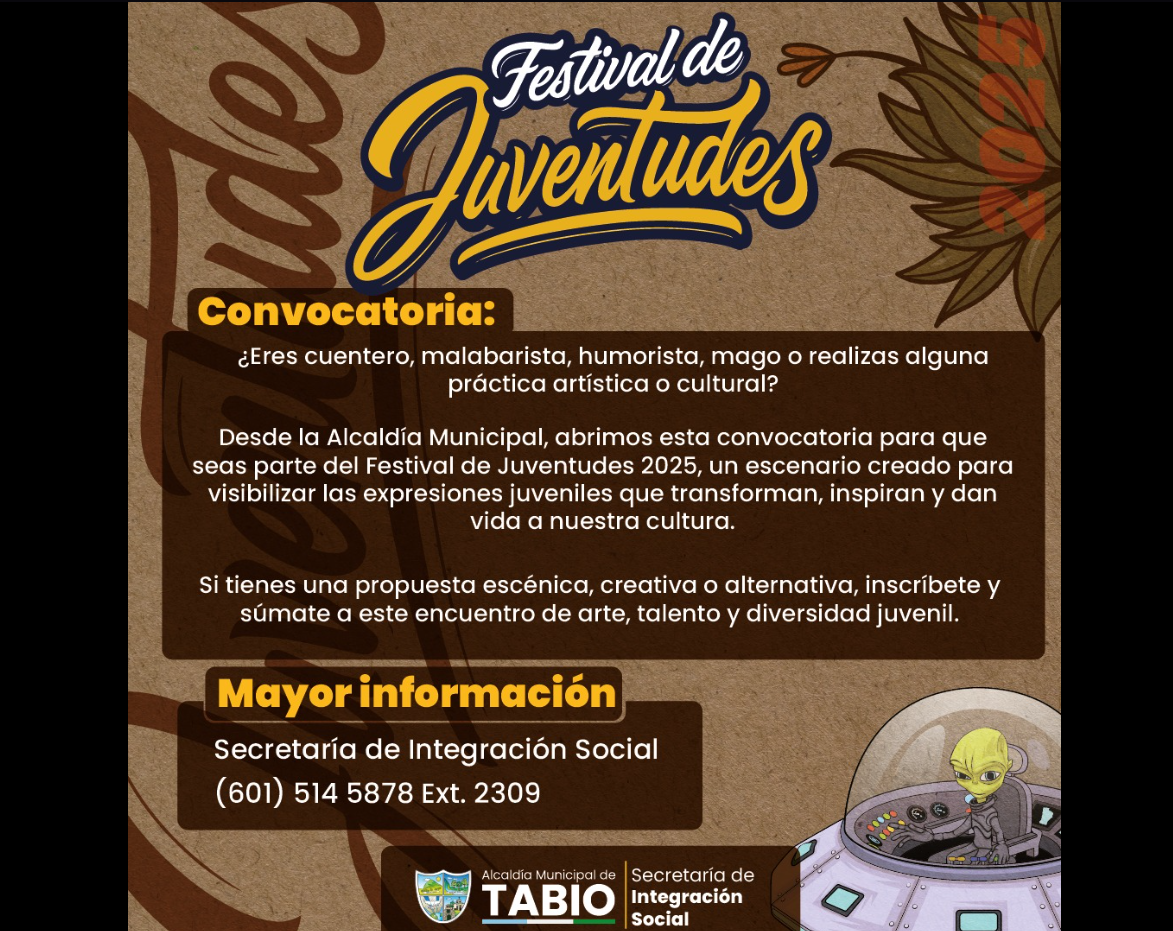 Abren inscripciones para el |Festival de Juventudes 2025|, un escenario para el talento joven de |Tabio|