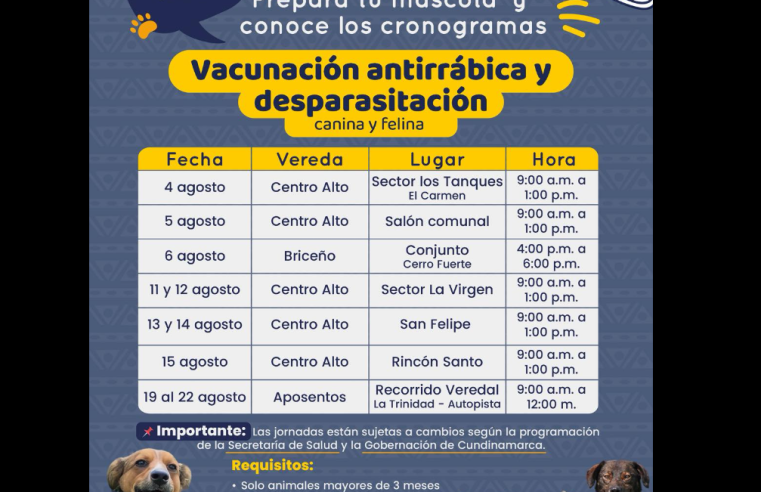 |Sopó| adelanta jornadas |gratuitas de vacunación y desparasitación| para |mascotas|