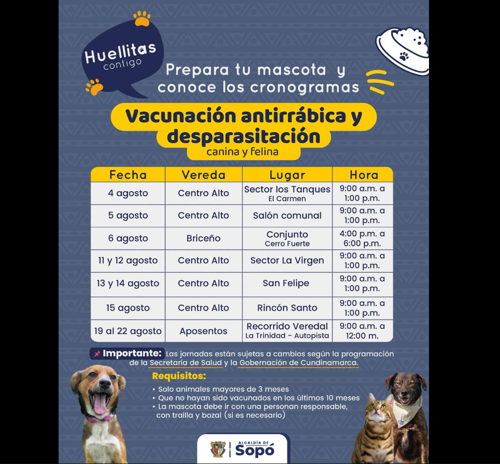 |Sopó| adelanta jornadas |gratuitas de vacunación y desparasitación| para |mascotas|