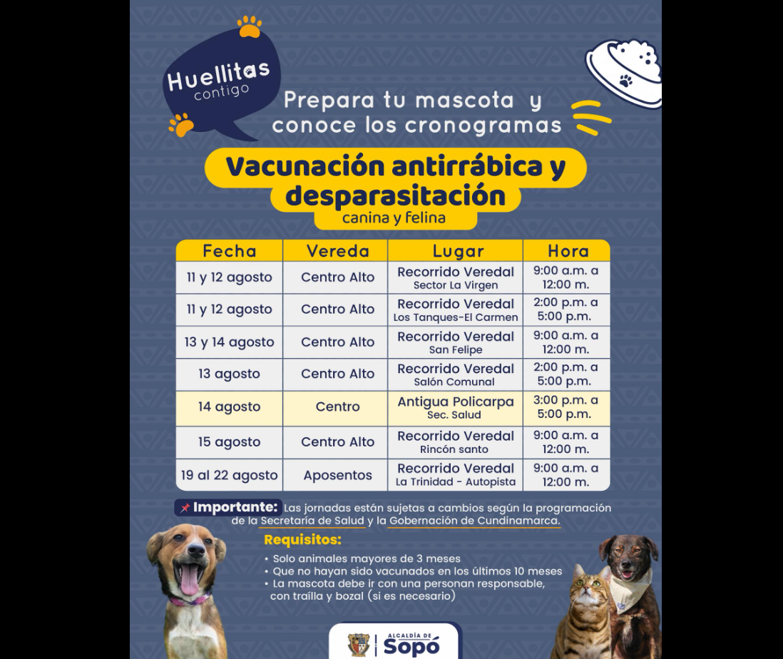 |Sopó| realiza |jornadas gratuitas| de |vacunación| y desparasitación para |mascotas|