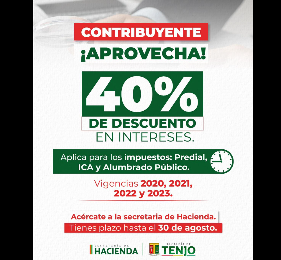 |Descuento| del 40% en intereses de impuestos en |Tenjo| hasta el 30 de agosto