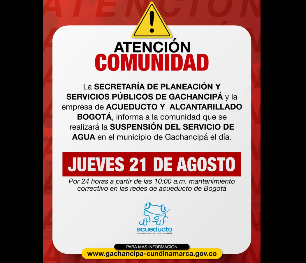 Corte programado de agua en |Gachancipá| por |obras de mantenimiento|