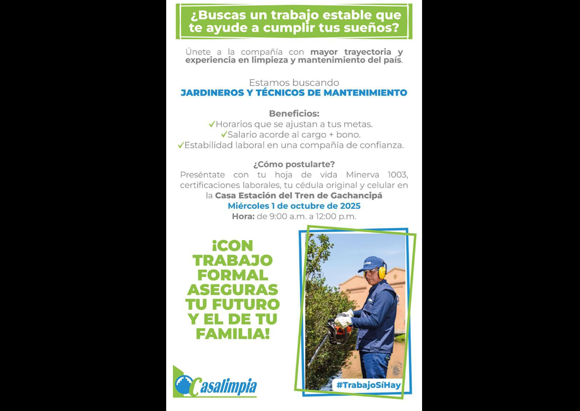 Convocatoria laboral en |Gachancipá| para jardineros y técnicos de mantenimiento