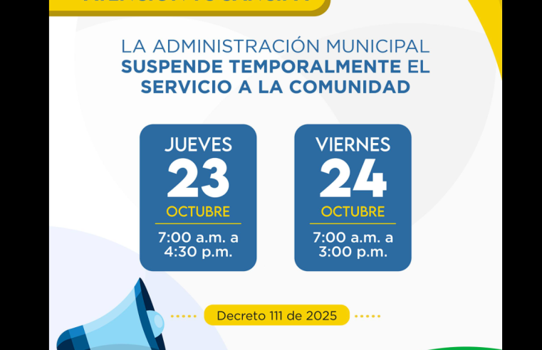 |Tocancipá| anuncia suspensión temporal de atención al público en |sedes administrativas|
