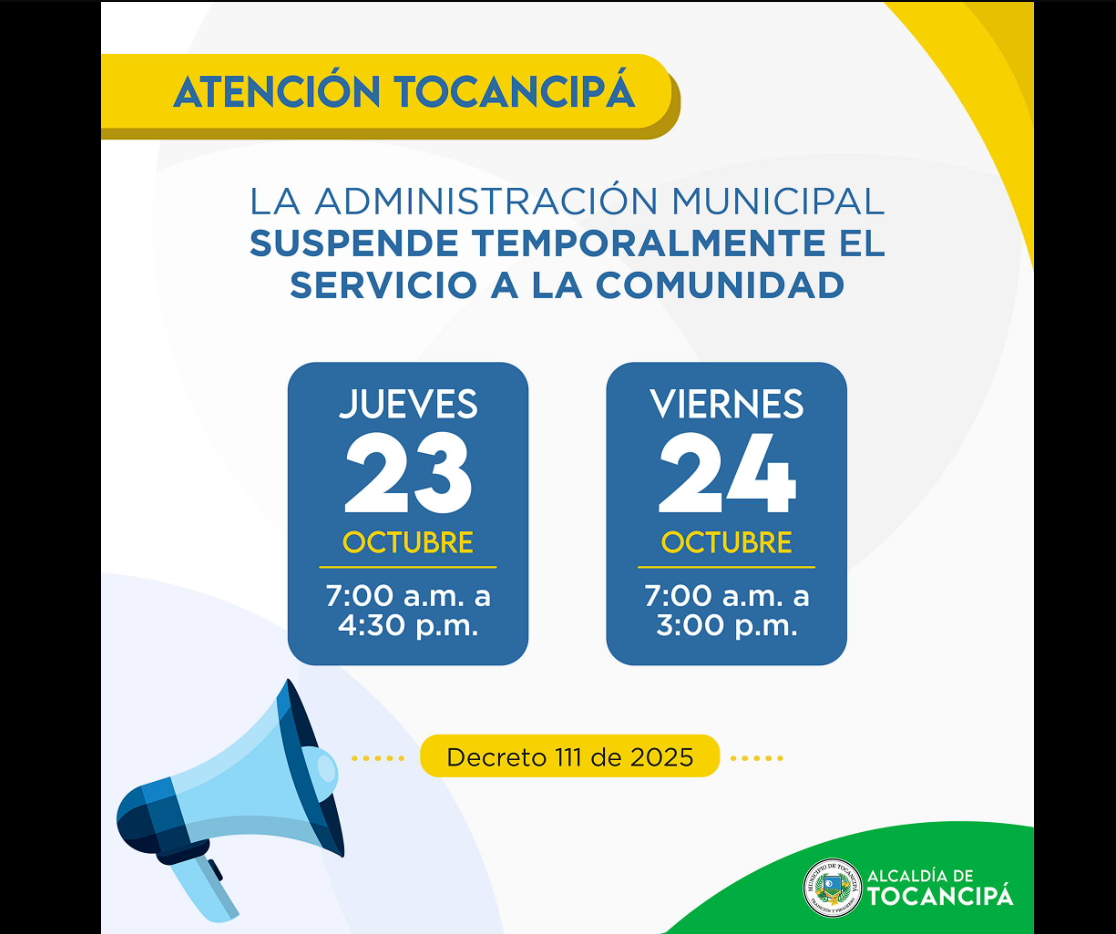 |Tocancipá| anuncia suspensión temporal de atención al público en |sedes administrativas|